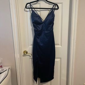 Satin Lace-Up midi Dress in Navy Blue
